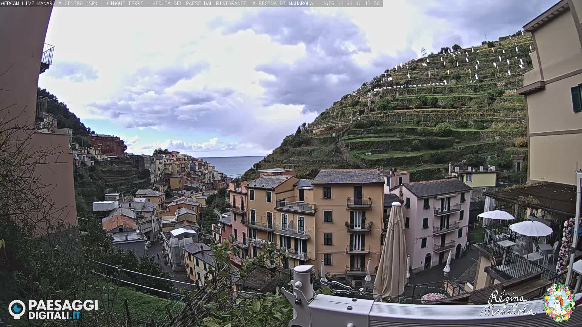 The vibrant houses of a coastal village descend a steep hillside towards the sea, backed by extensive terraced vineyards under a partly cloudy sky.