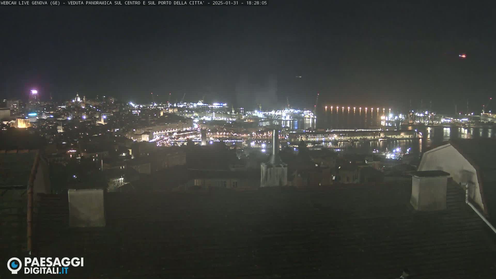 A nighttime, panoramic view of a city and harbor, illuminated by lights, under a clear, dark sky.