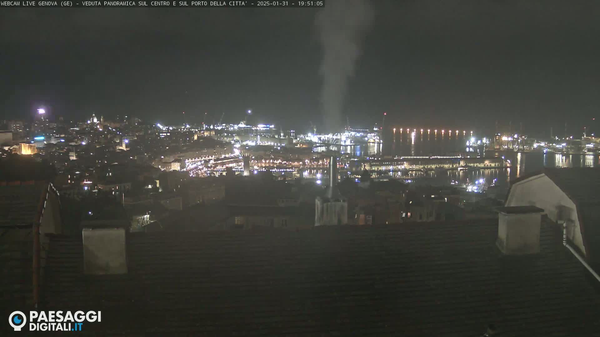 A nighttime, panoramic view of a city and harbor illuminated by lights, with a plume of smoke rising in the distance.