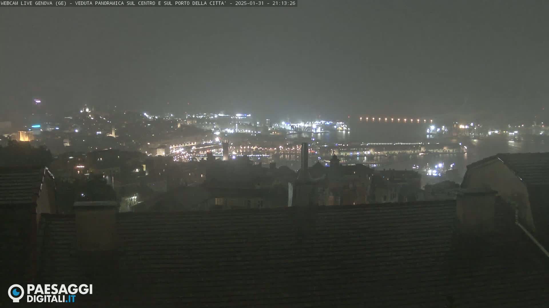 A nighttime, hazy view of a city and harbor, with many lights visible in the distance.
