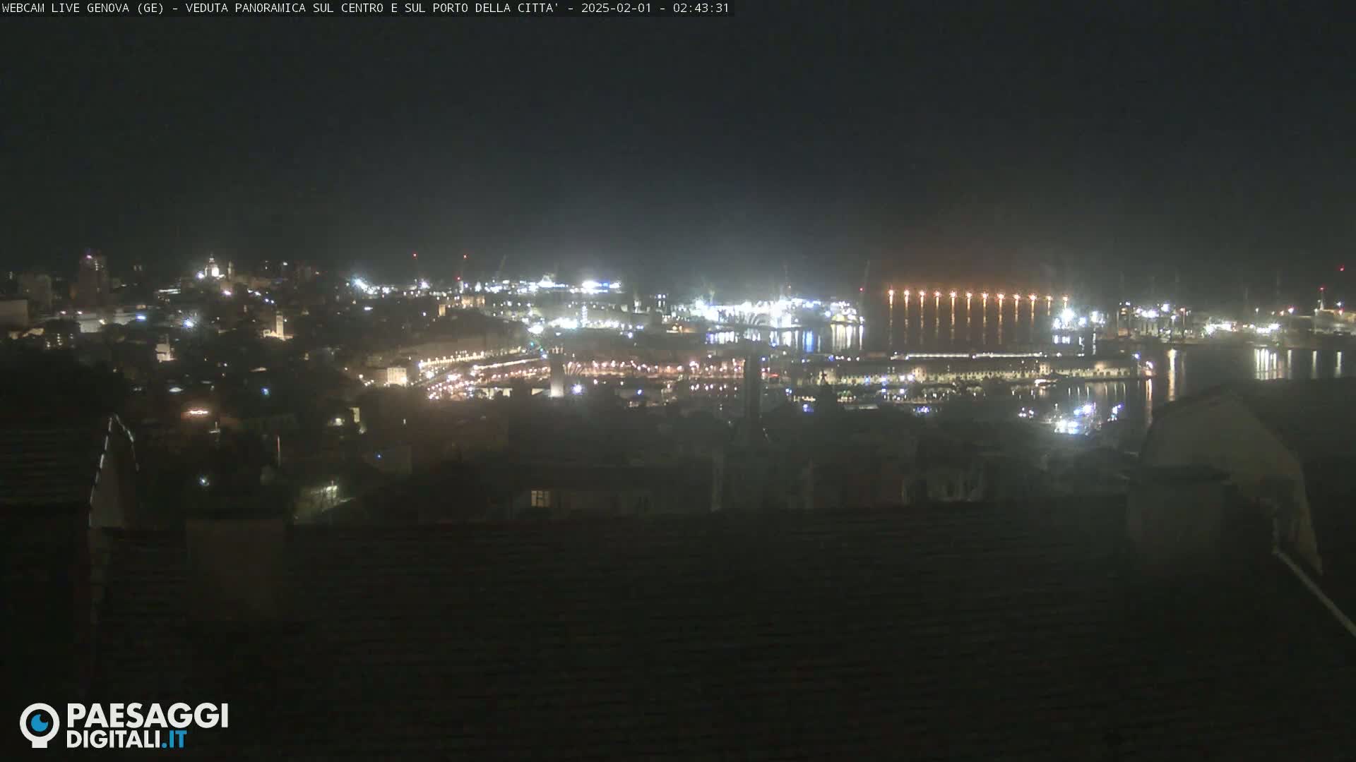 A nighttime, hazy view of a city's illuminated port and cityscape.