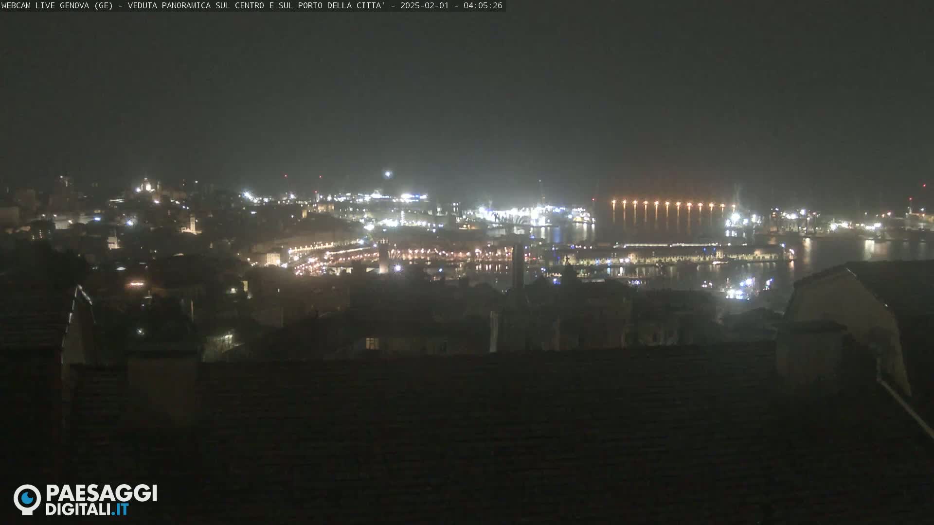 A nighttime, hazy view of a city and harbor illuminated by lights.