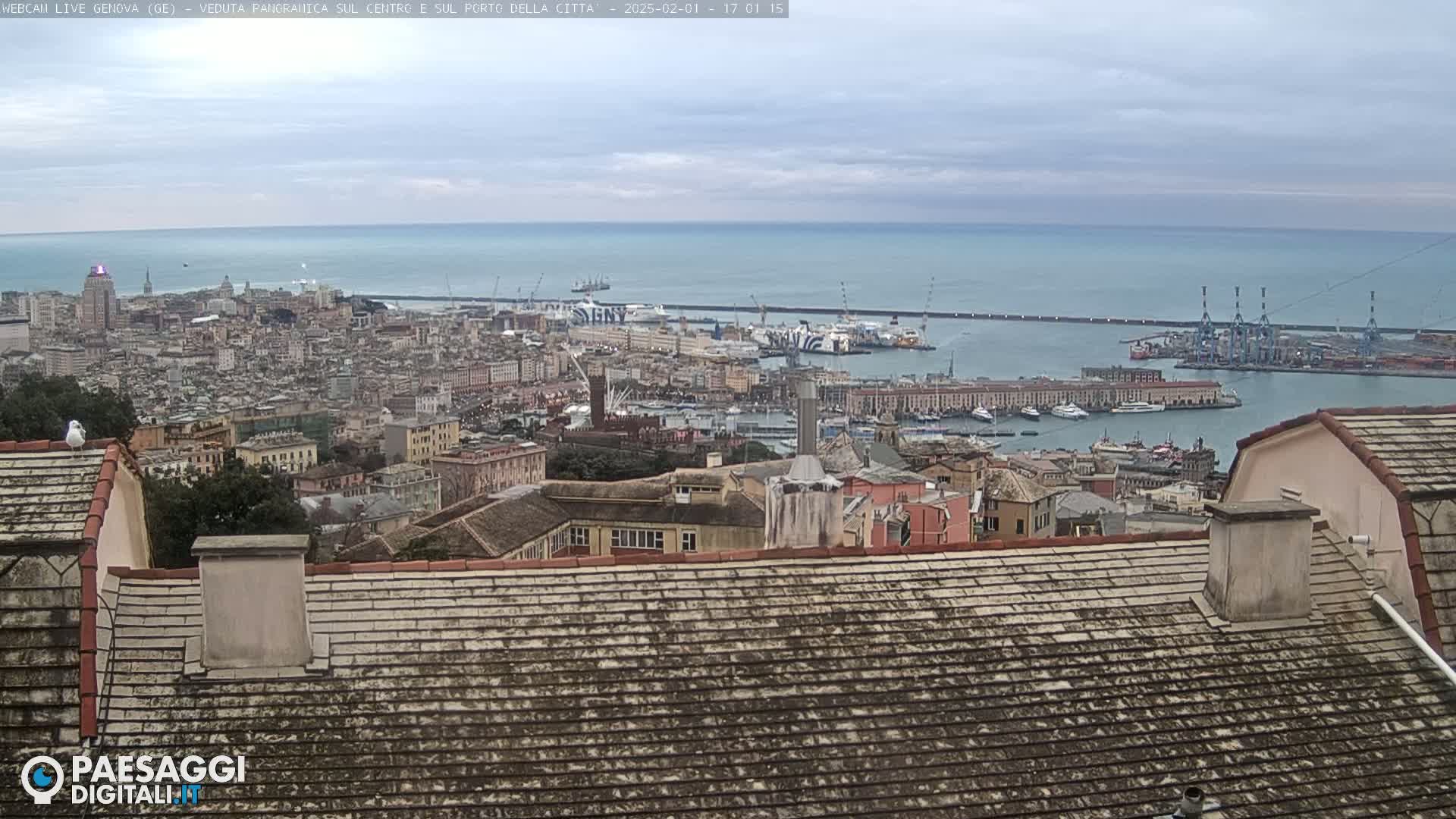 A cityscape with a large harbor and calm sea under an overcast sky is viewed from a high vantage point, partially obscured by a tiled roof.