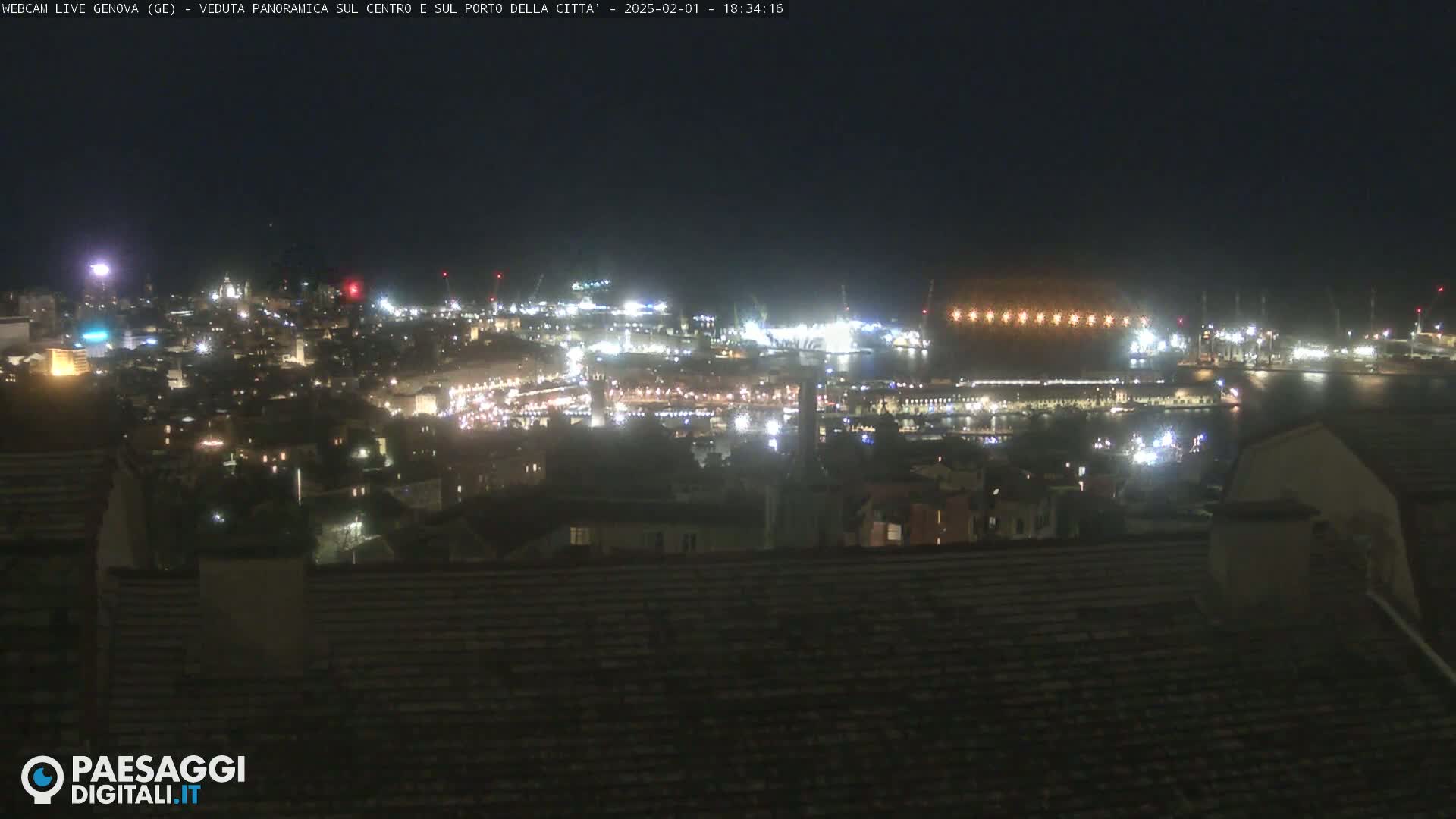 A nighttime, panoramic view of a city's harbor and illuminated cityscape.