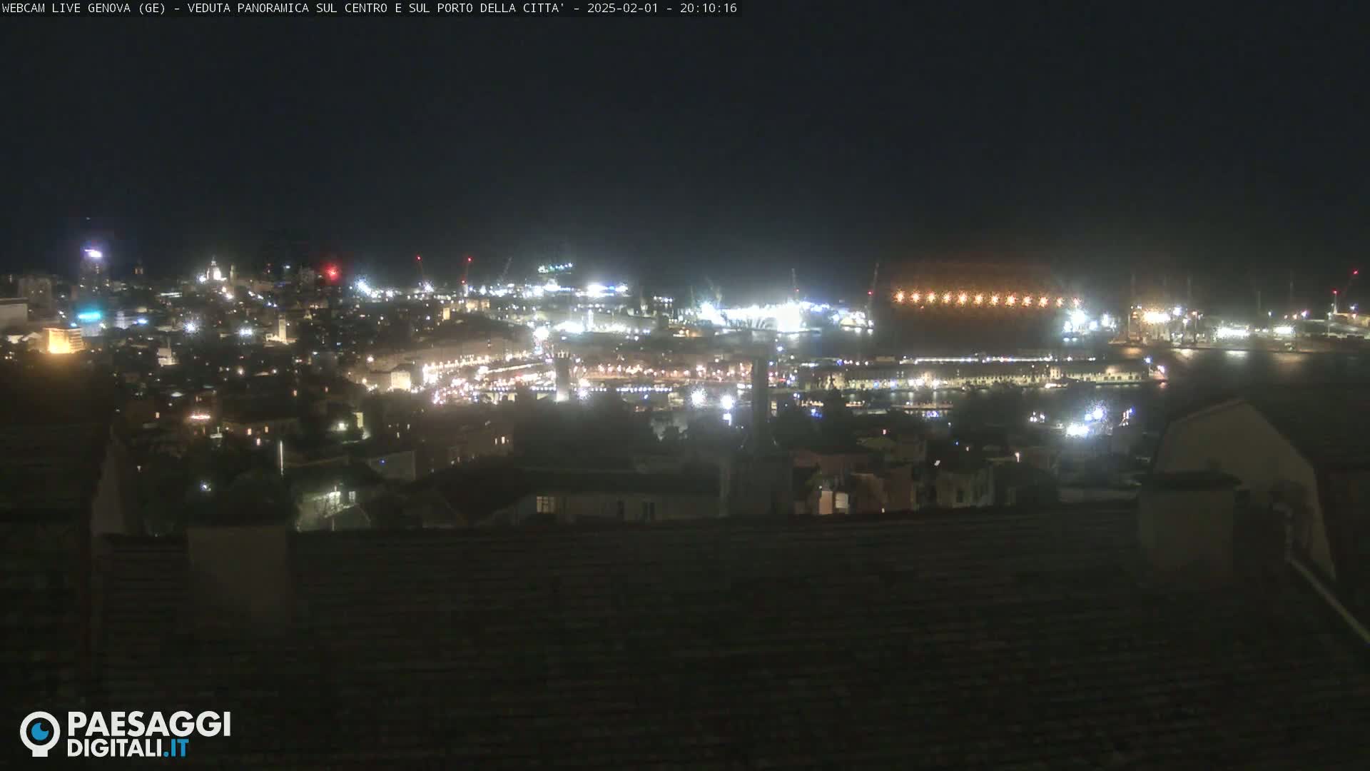 A nighttime, panoramic view of a city's illuminated harbor and cityscape.