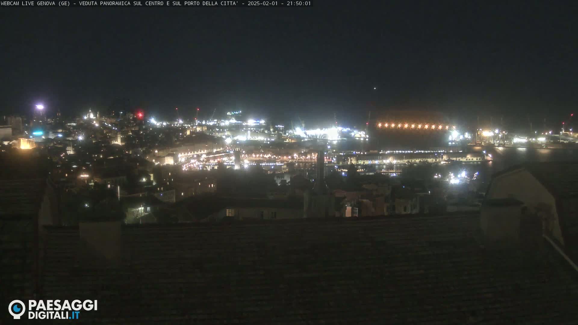 A nighttime, panoramic view of a city's illuminated harbor and cityscape.