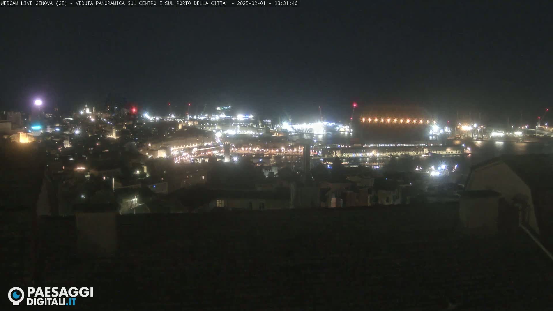 A nighttime, panoramic view of a city's harbor and illuminated buildings.
