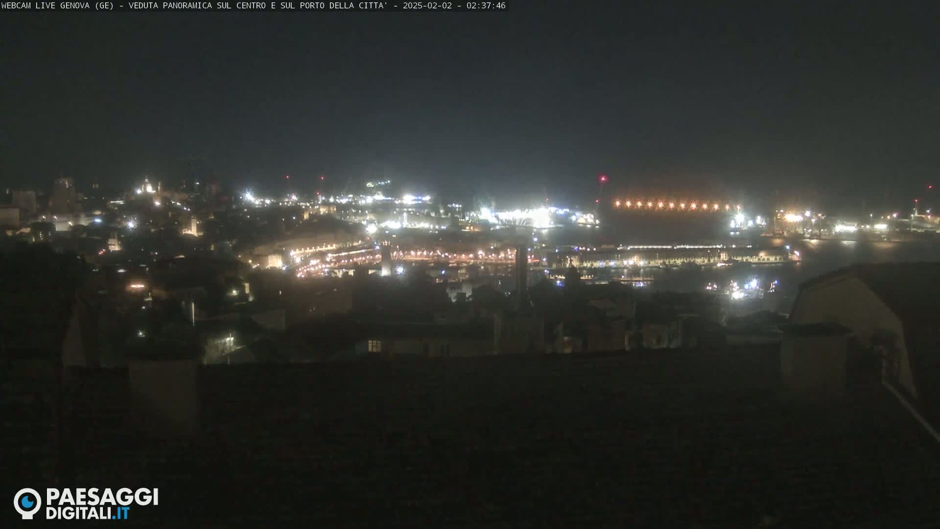 A hazy night view shows a brightly lit city and port.