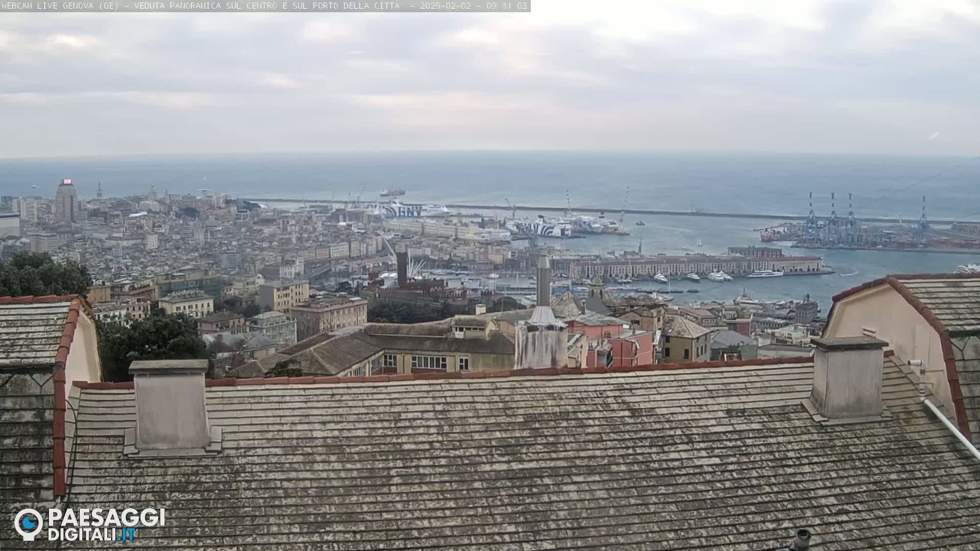 A panoramic view of a city and its harbor on an overcast day, seen from a high vantage point overlooking a tiled roof.