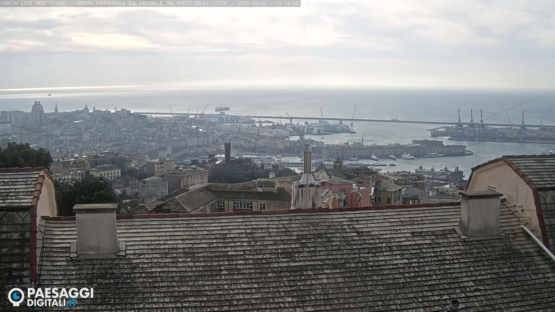 A panoramic view of a city harbor and coastline on an overcast day, seen from a high vantage point.