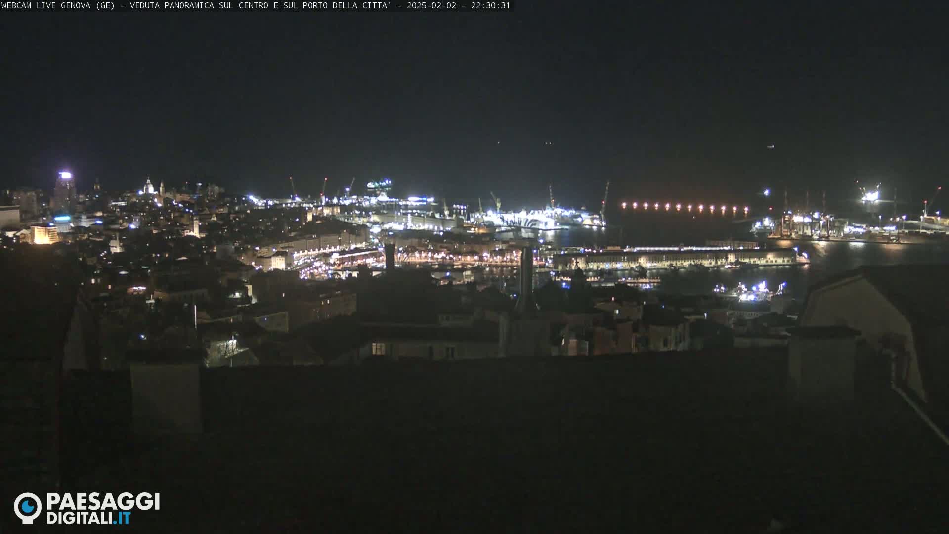 A nighttime, panoramic view of a city's illuminated harbor and buildings.