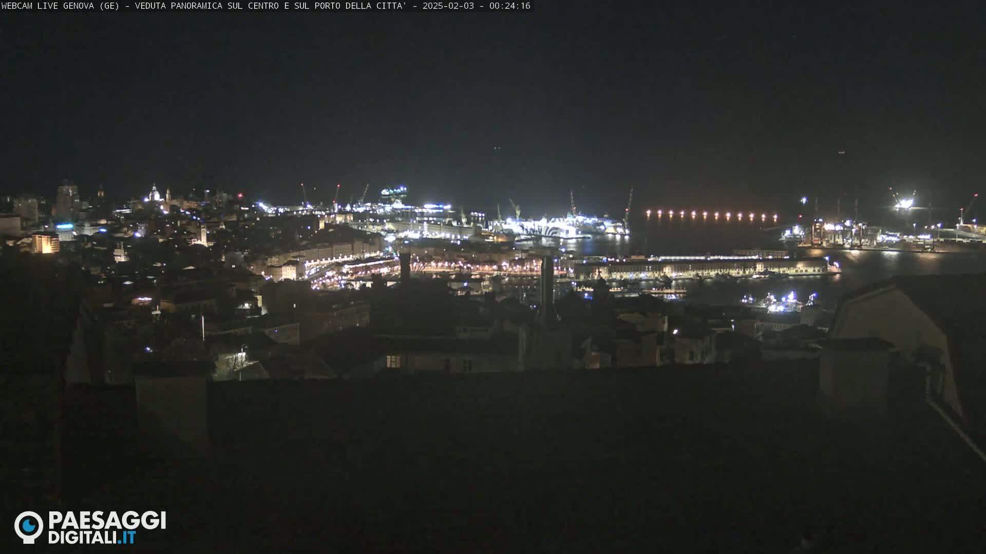 A nighttime panoramic view of a city and harbor, illuminated by artificial lights.