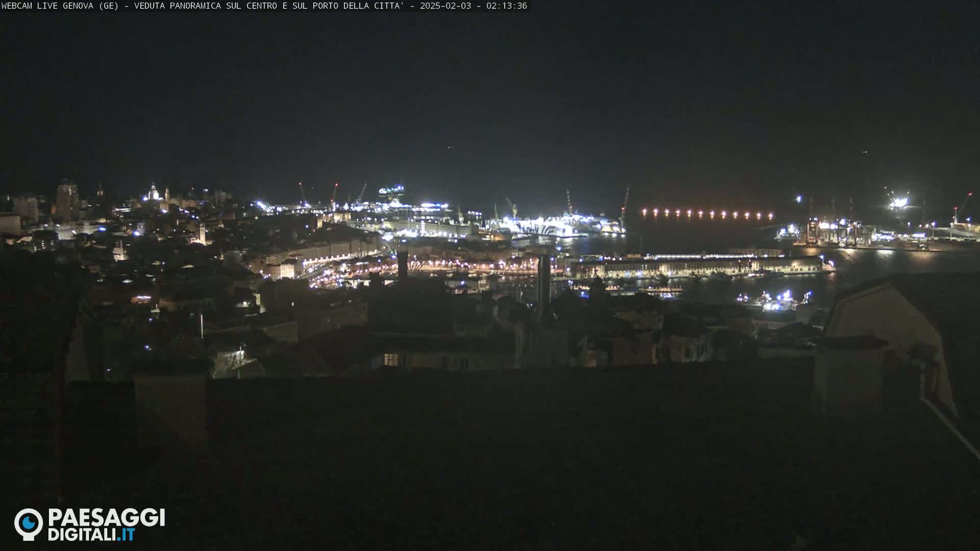 A nighttime panoramic view of a city's harbor and illuminated buildings.