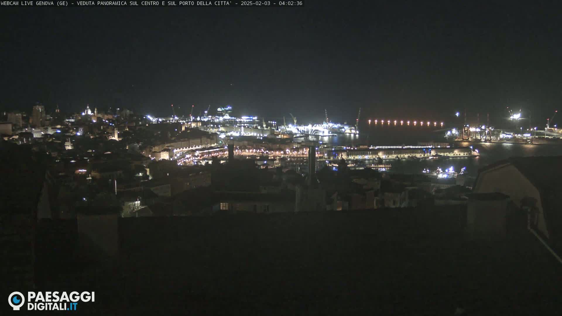 A nighttime, panoramic view of a city's illuminated harbor and buildings.