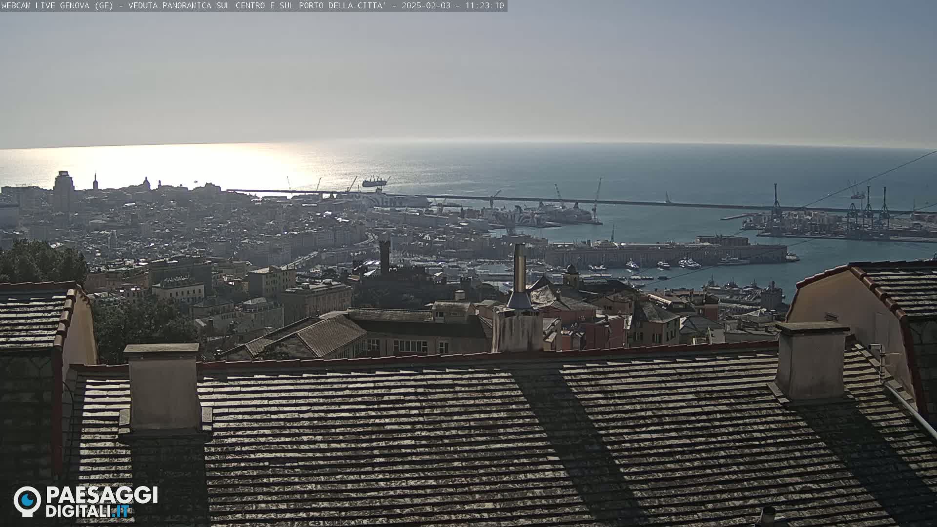 A panoramic view of a city and harbor on a bright, sunny day, seen from a high vantage point overlooking a tiled roof.