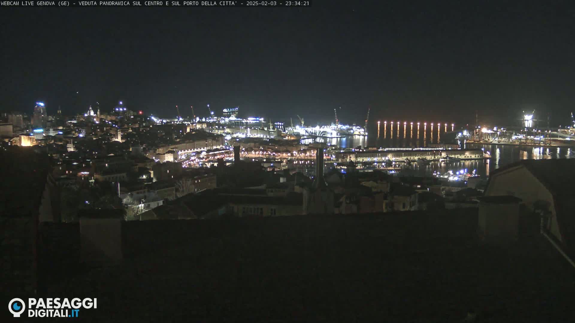 A nighttime, panoramic view of a city and harbor, illuminated with lights, under a clear sky.