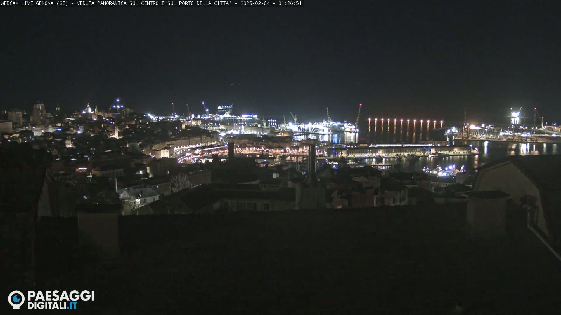 A nighttime, panoramic view of a city and its harbor, illuminated with many lights.