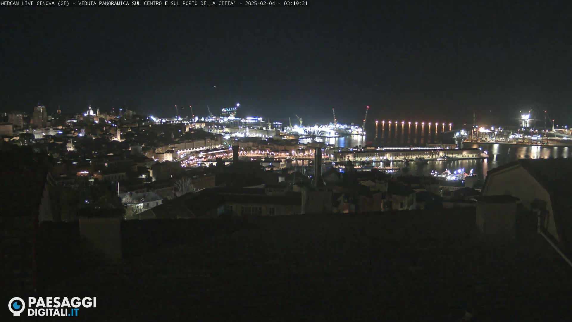 A nighttime, panoramic view of a city's illuminated harbor and cityscape.