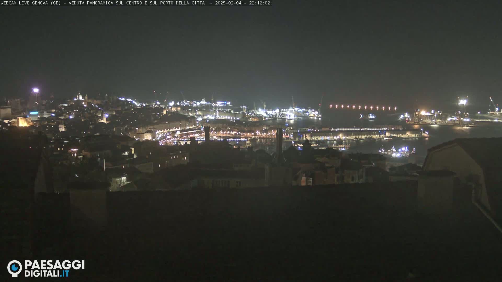 A nighttime panoramic view of a city and harbor, illuminated by numerous lights.