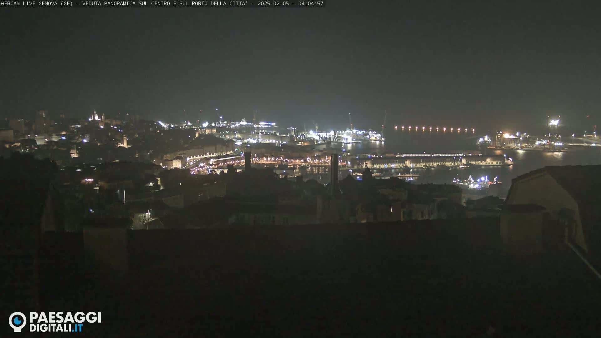 A nighttime, panoramic view of a city and harbor, with faint lights illuminating the buildings and water.