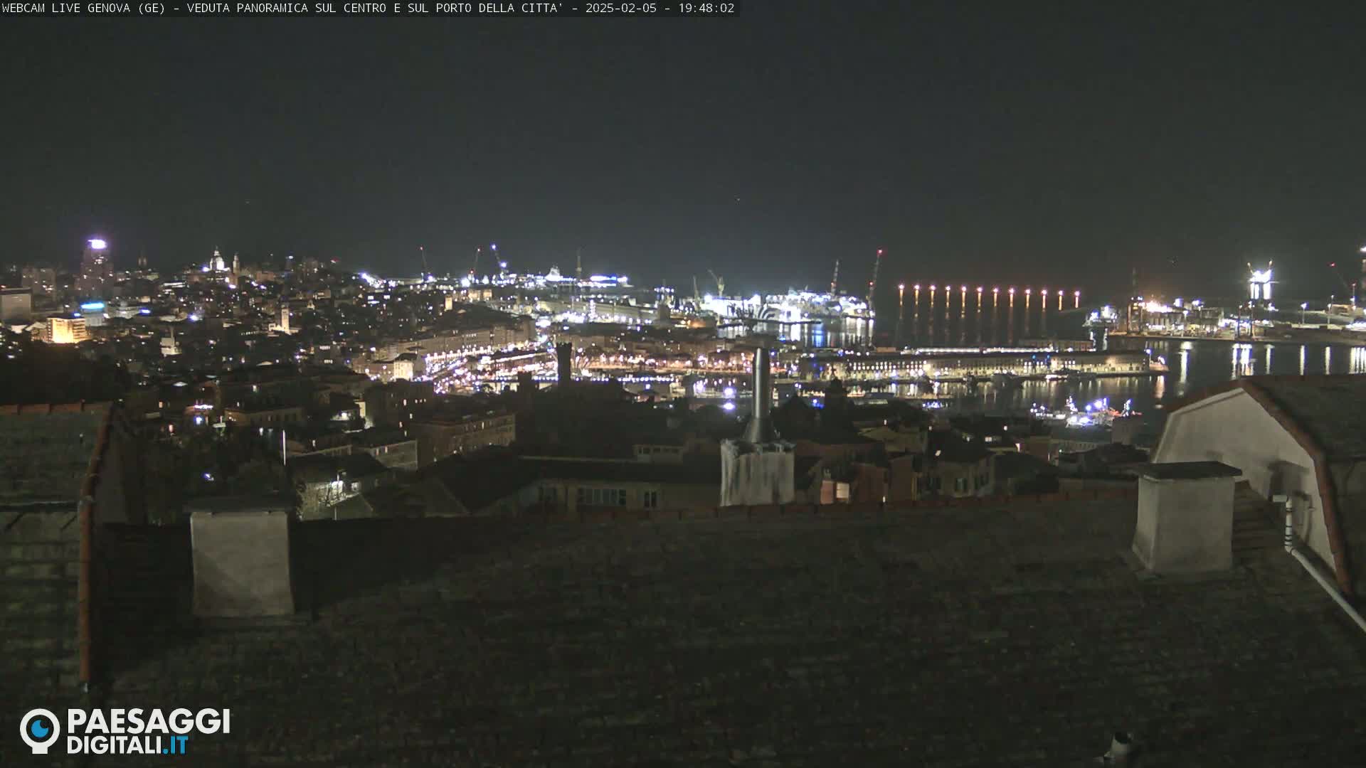 A nighttime, panoramic view of a city and harbor, illuminated by many lights.