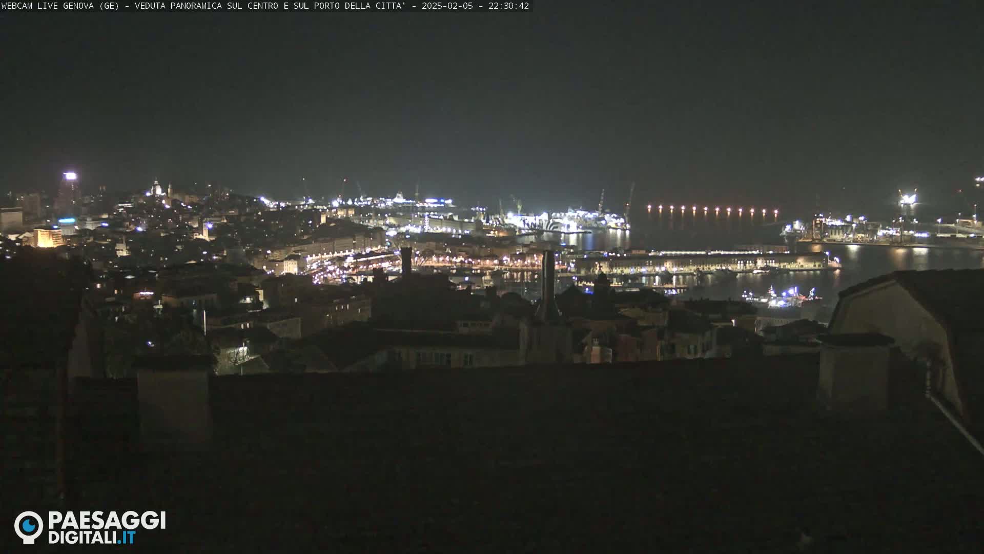 A nighttime, panoramic view of a city's illuminated harbor and buildings.