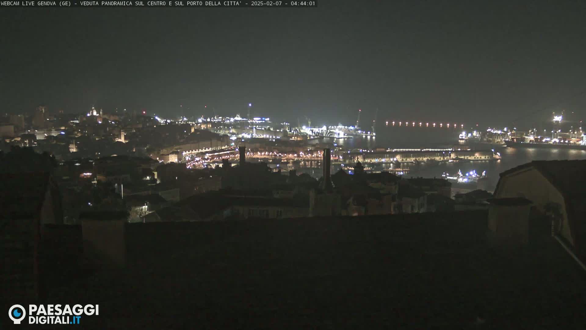 A nighttime panoramic view of a city and harbor, with numerous lights illuminating buildings and ships.