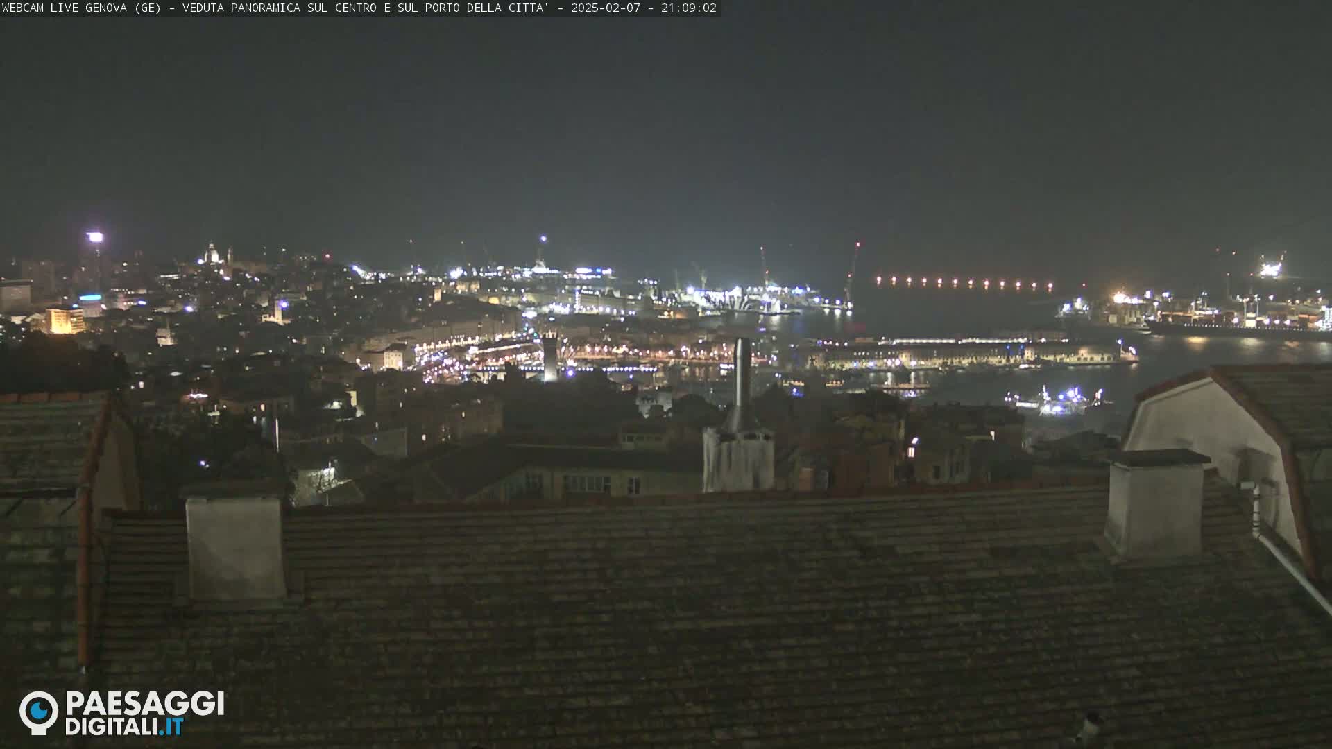 A nighttime panoramic view of a city and harbor, illuminated by lights, under a dark sky.