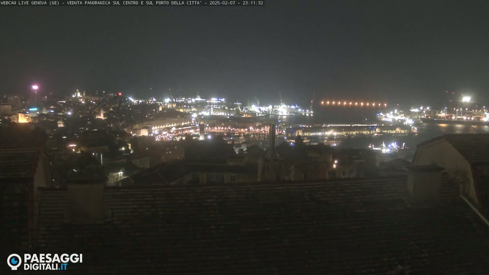 A nighttime, panoramic view of a city's illuminated harbor and buildings.