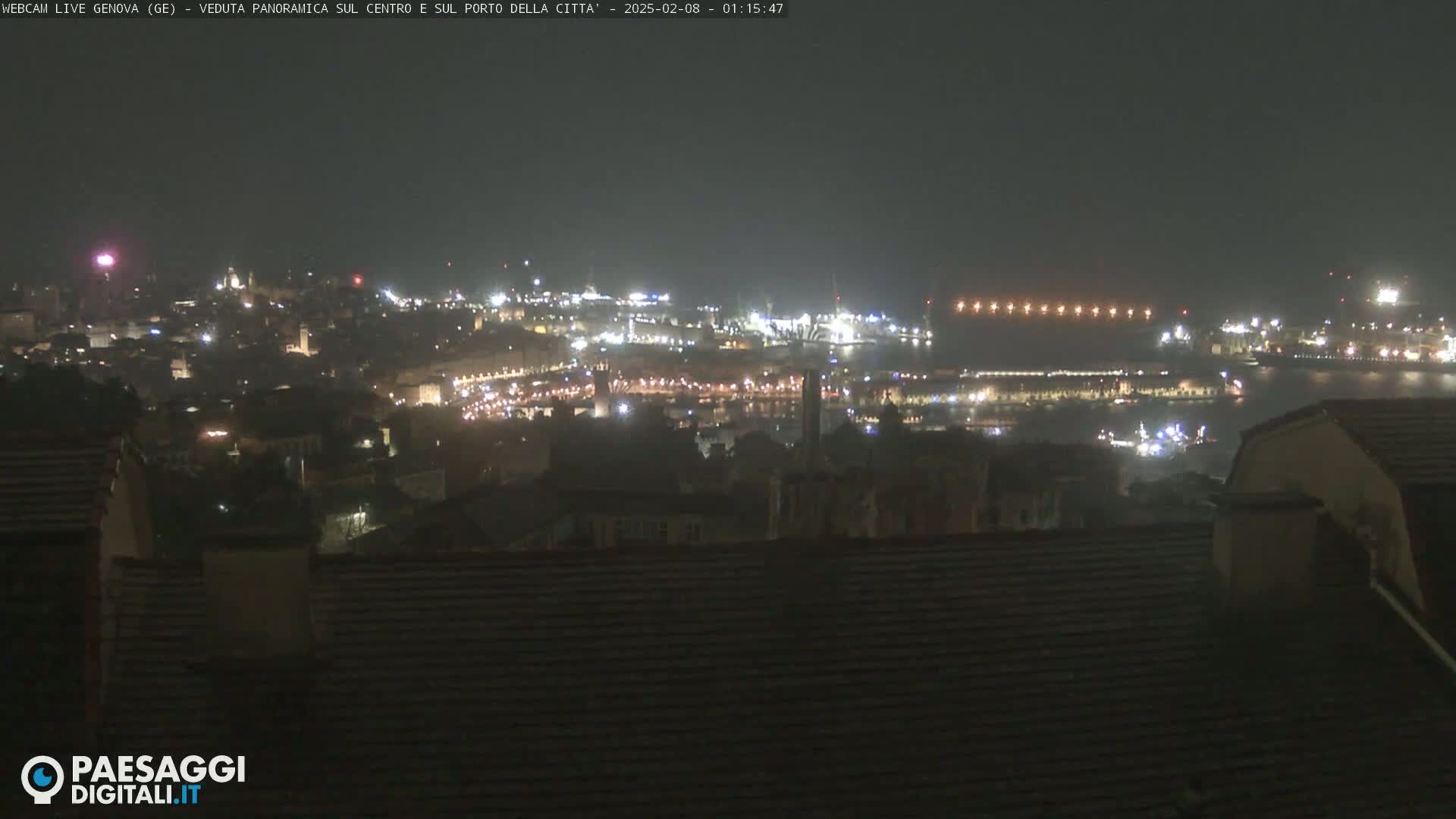 A nighttime, hazy view of a city and harbor illuminated by lights.