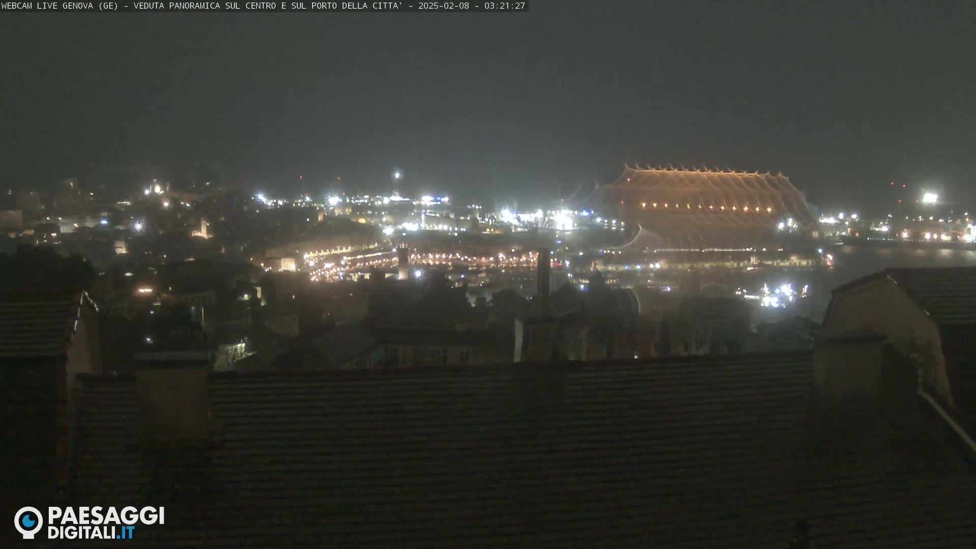 A nighttime panoramic view of a city and harbor under hazy conditions, featuring a large illuminated structure in the distance.