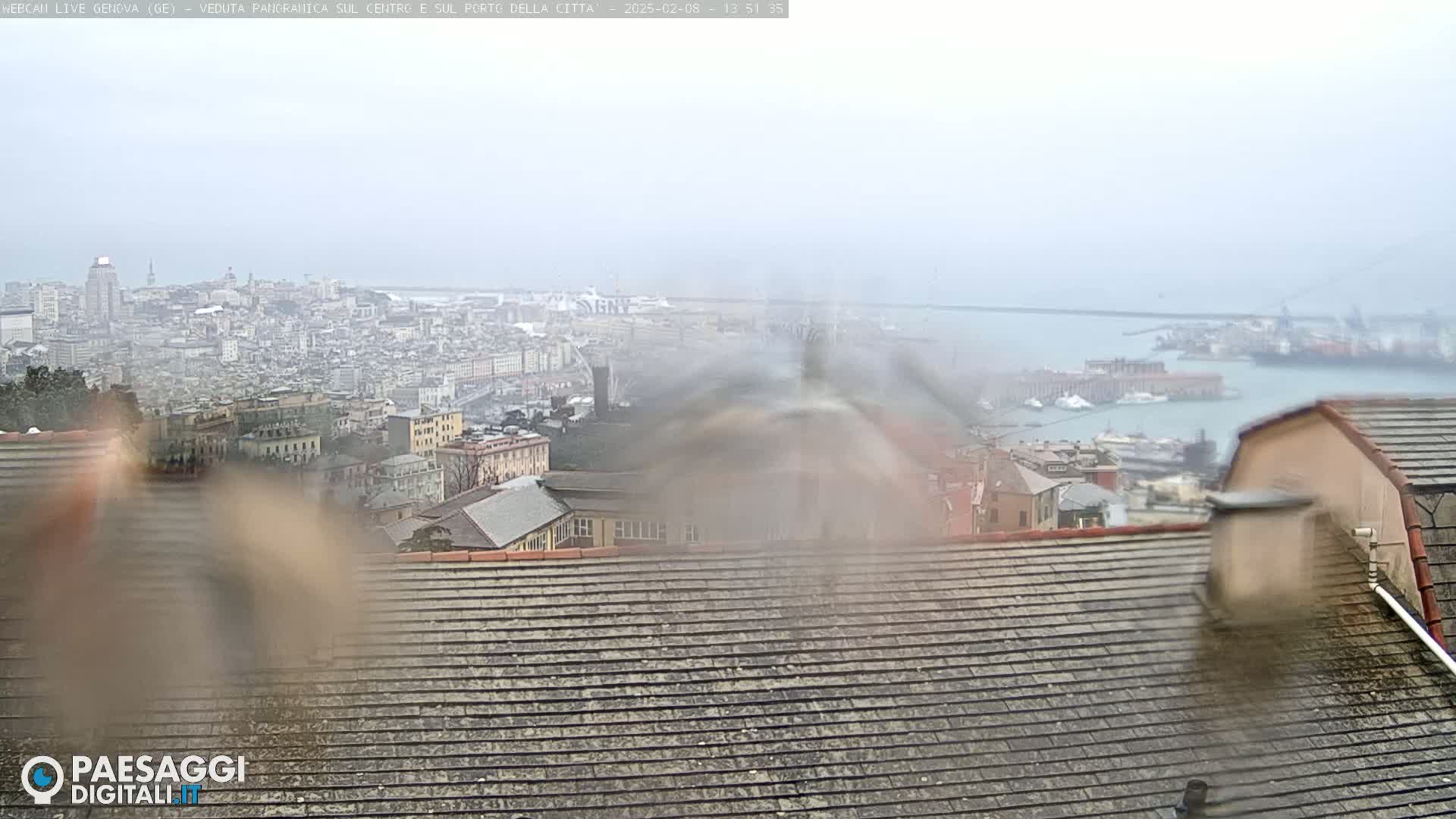 A rain-streaked view from a rooftop shows a distant city and harbor on an overcast day.