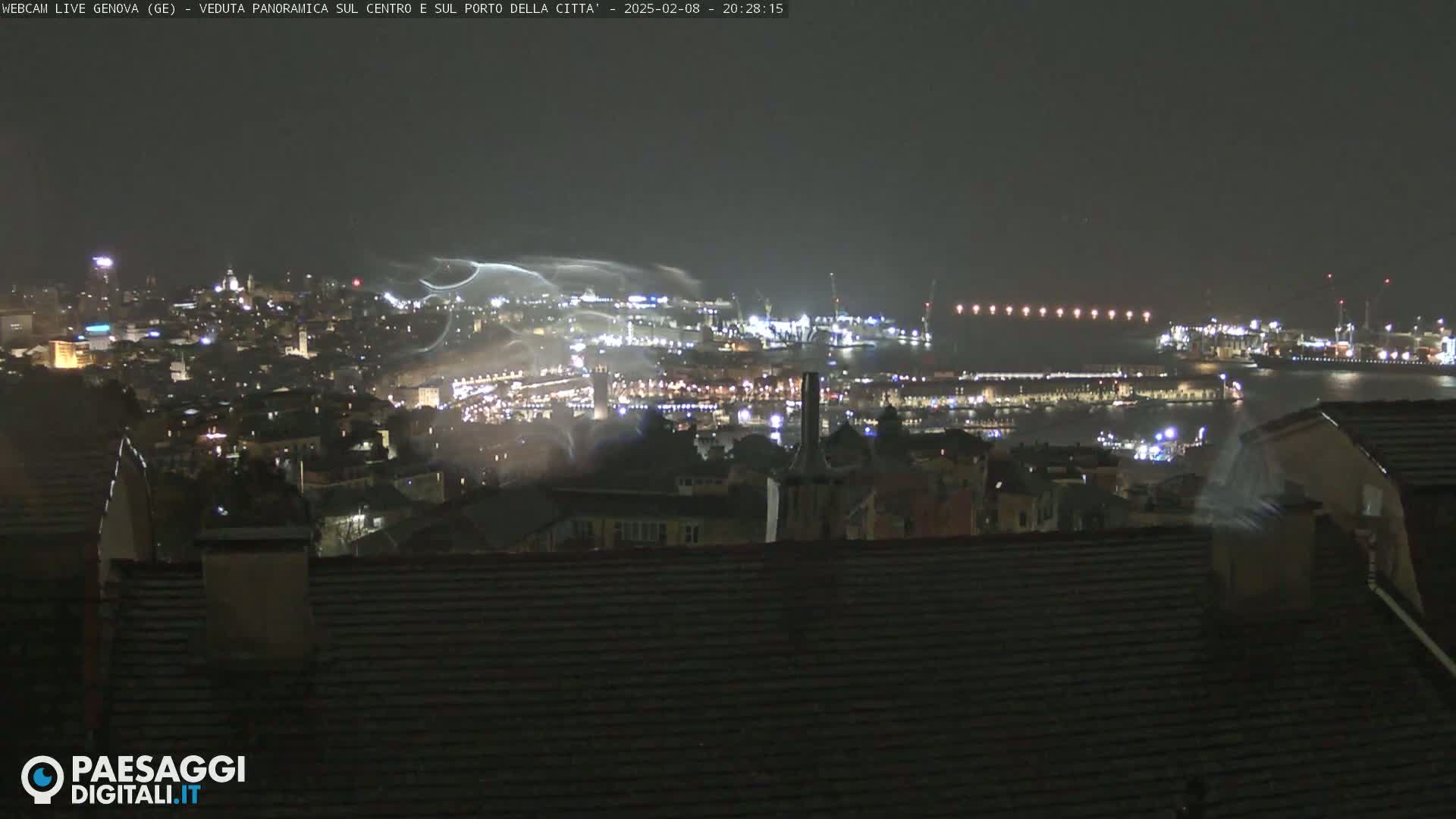 A nighttime, panoramic view of a city and harbor, illuminated with lights and possibly experiencing light snowfall or blowing snow.