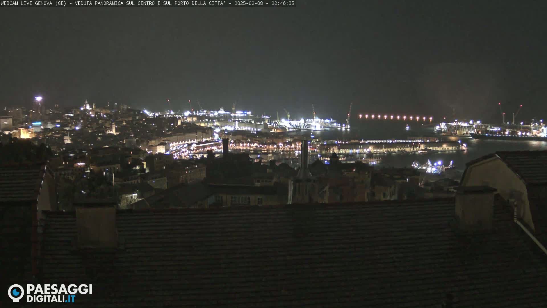 A nighttime, panoramic view of a city and harbor, illuminated with numerous lights.