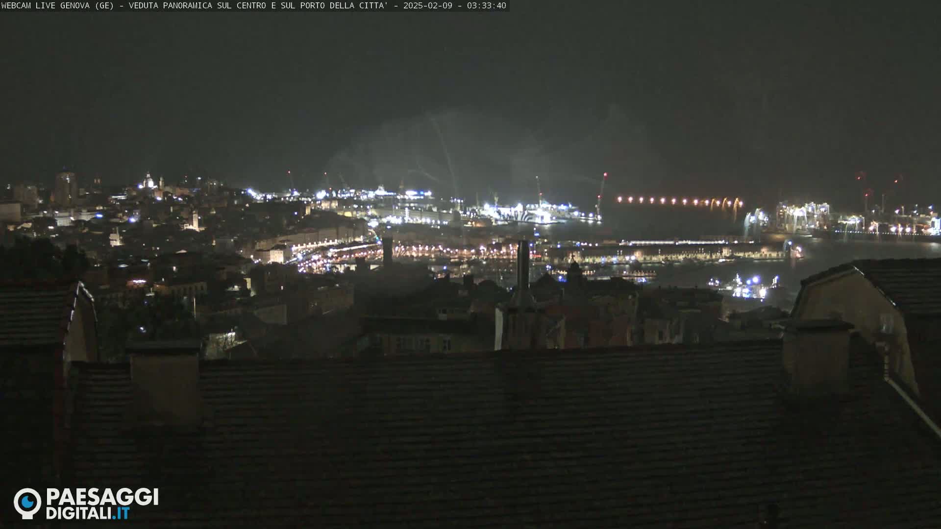 A nighttime panoramic view of a city's harbor and illuminated cityscape.