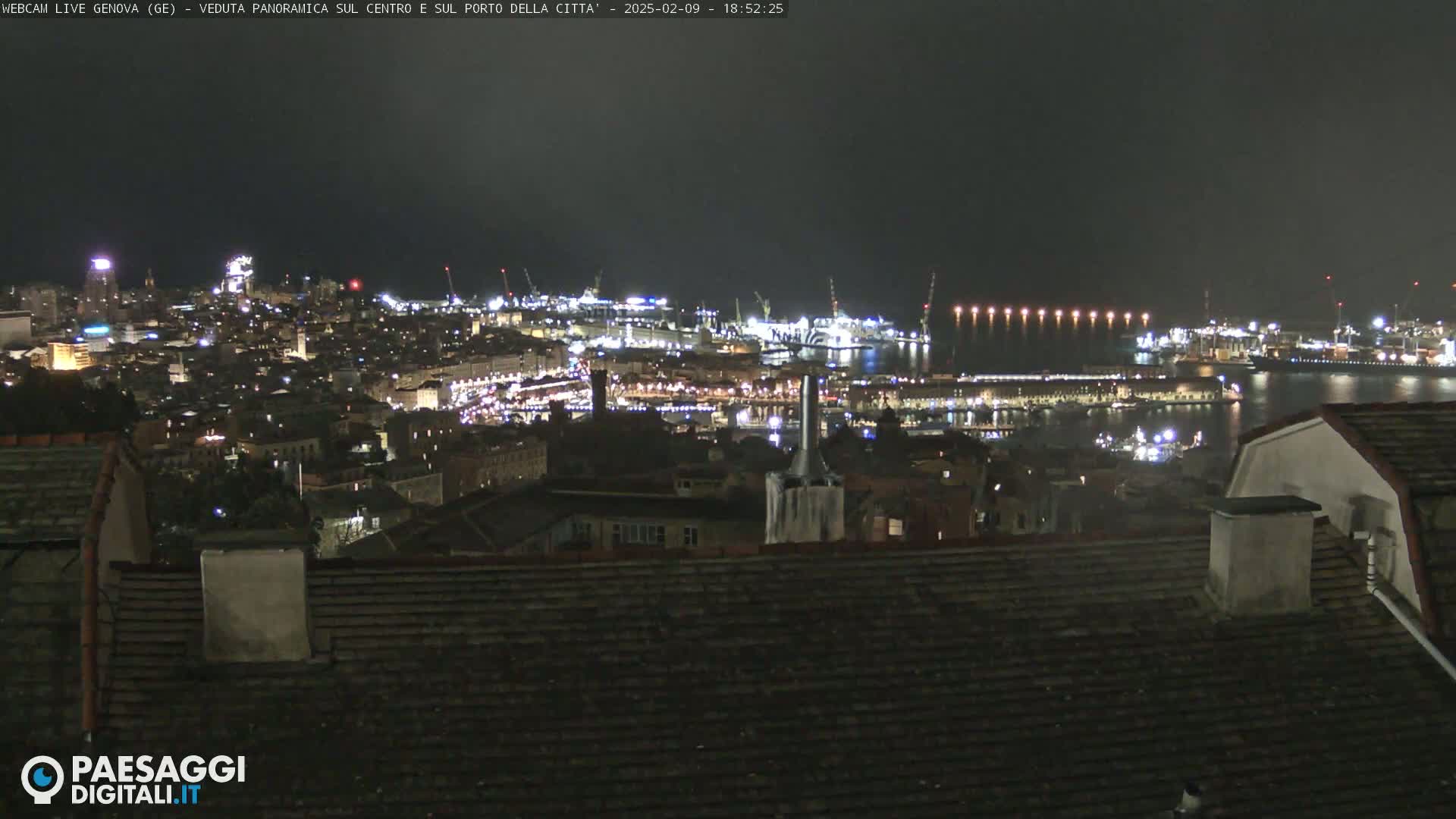 A nighttime panoramic view of a city's illuminated harbor and buildings, with a dark sky.