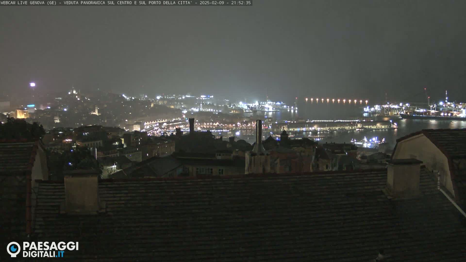 A nighttime, hazy view of a city and harbor illuminated with lights.
