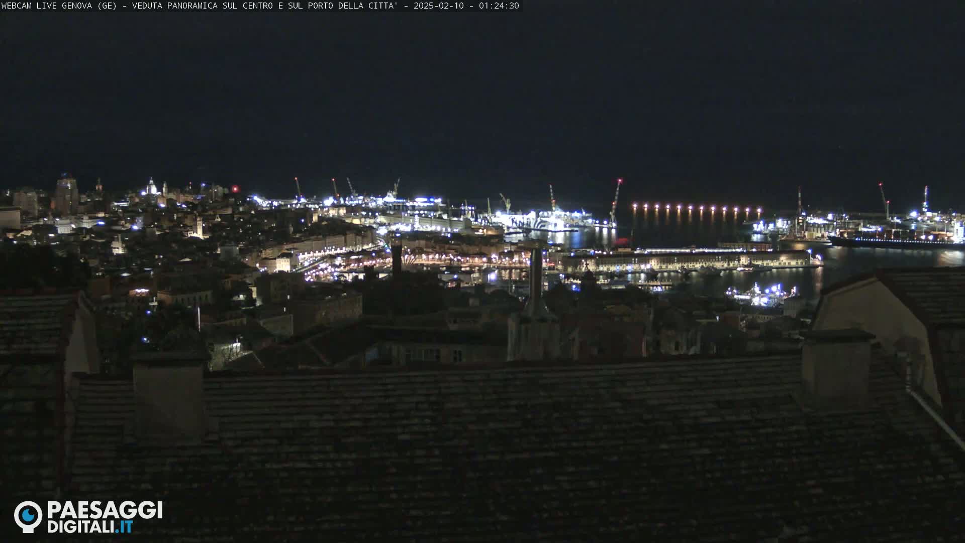 A nighttime panoramic view of a city harbor, with numerous lights illuminating buildings and ships.