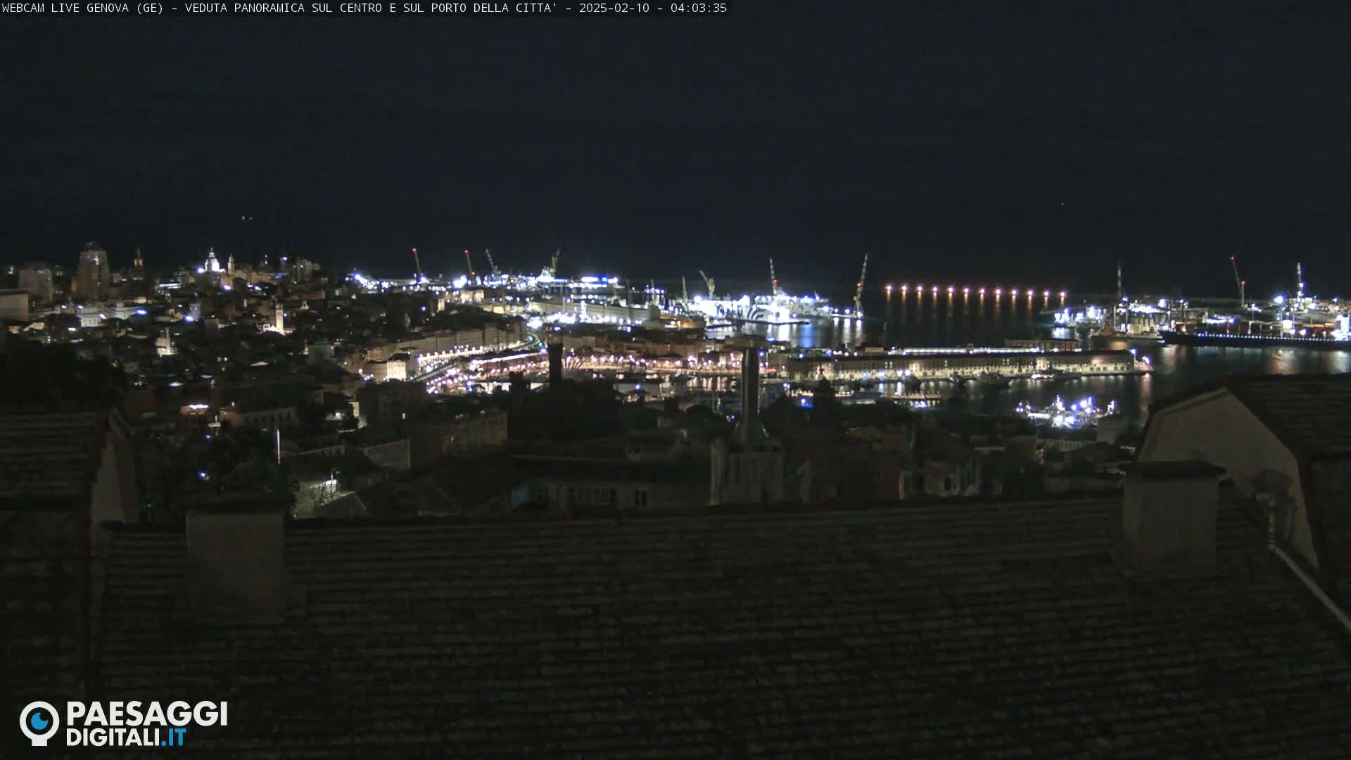 A nighttime, panoramic view of a city's illuminated harbor and buildings.