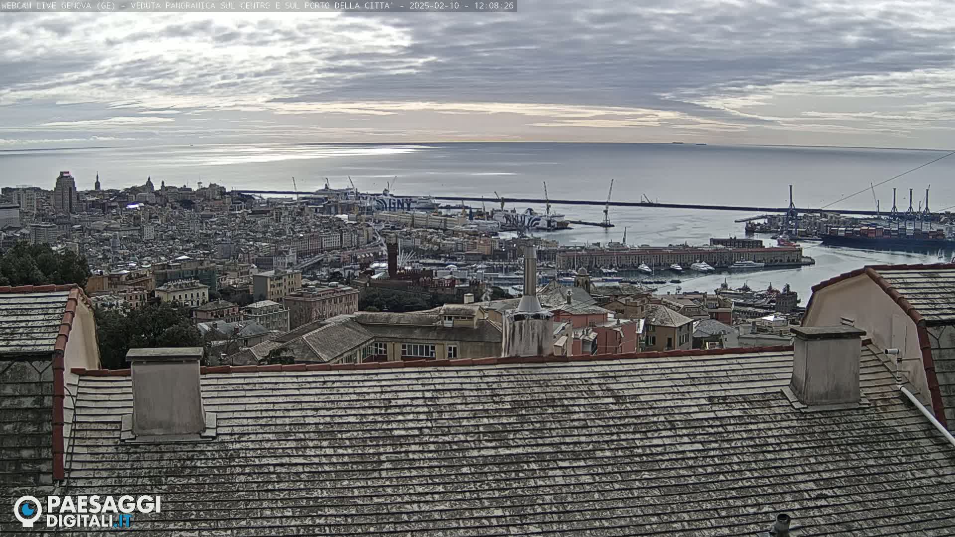 A panoramic view of a city harbor and coastline on an overcast day, showing a cityscape with many buildings and ships in the port.