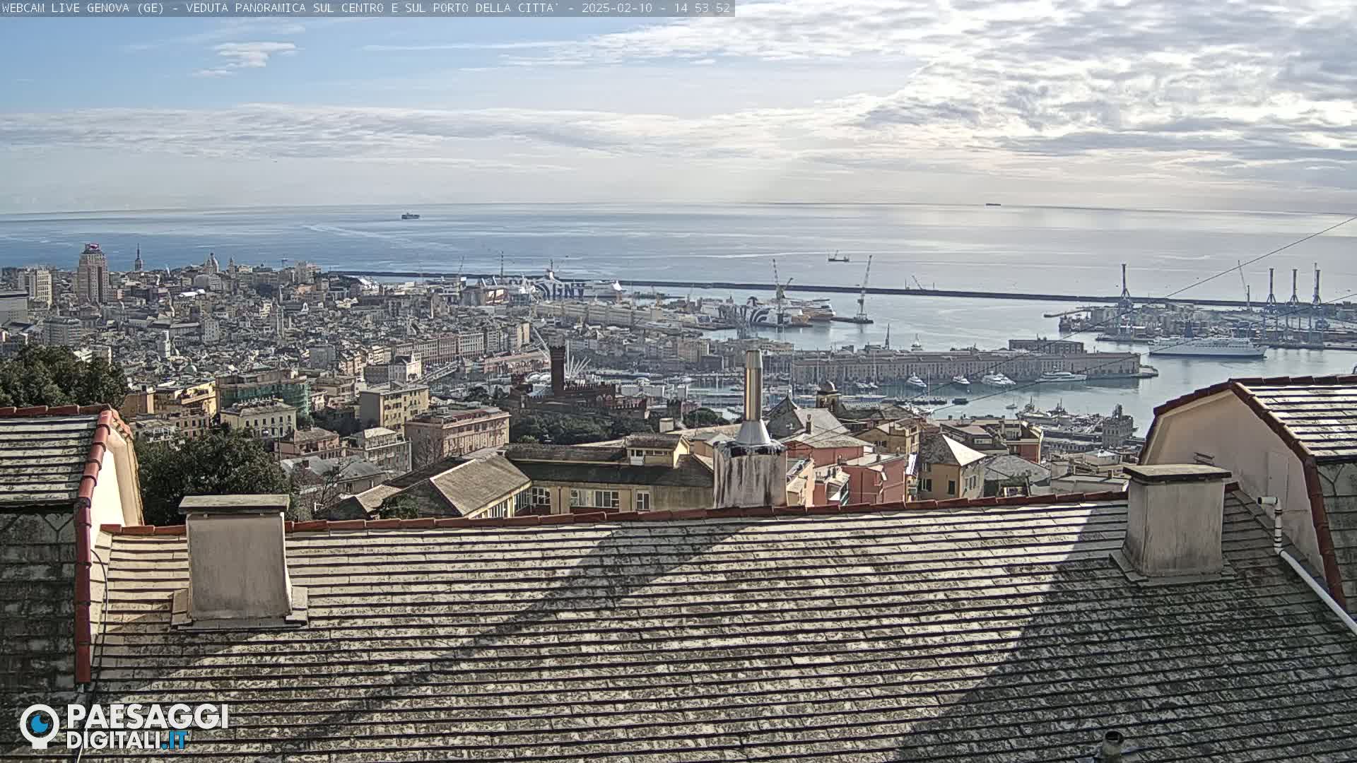 A panoramic view of a city harbor with many buildings and ships under a partly cloudy sky.