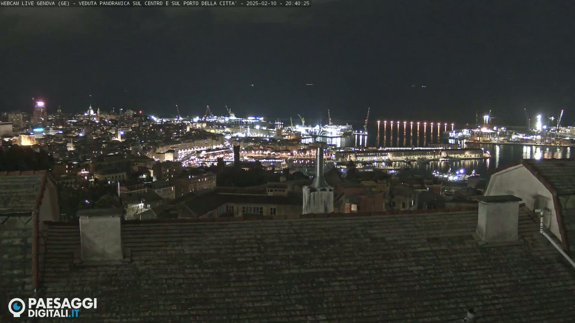 A nighttime view of a city's harbor and illuminated cityscape, seen from a rooftop.