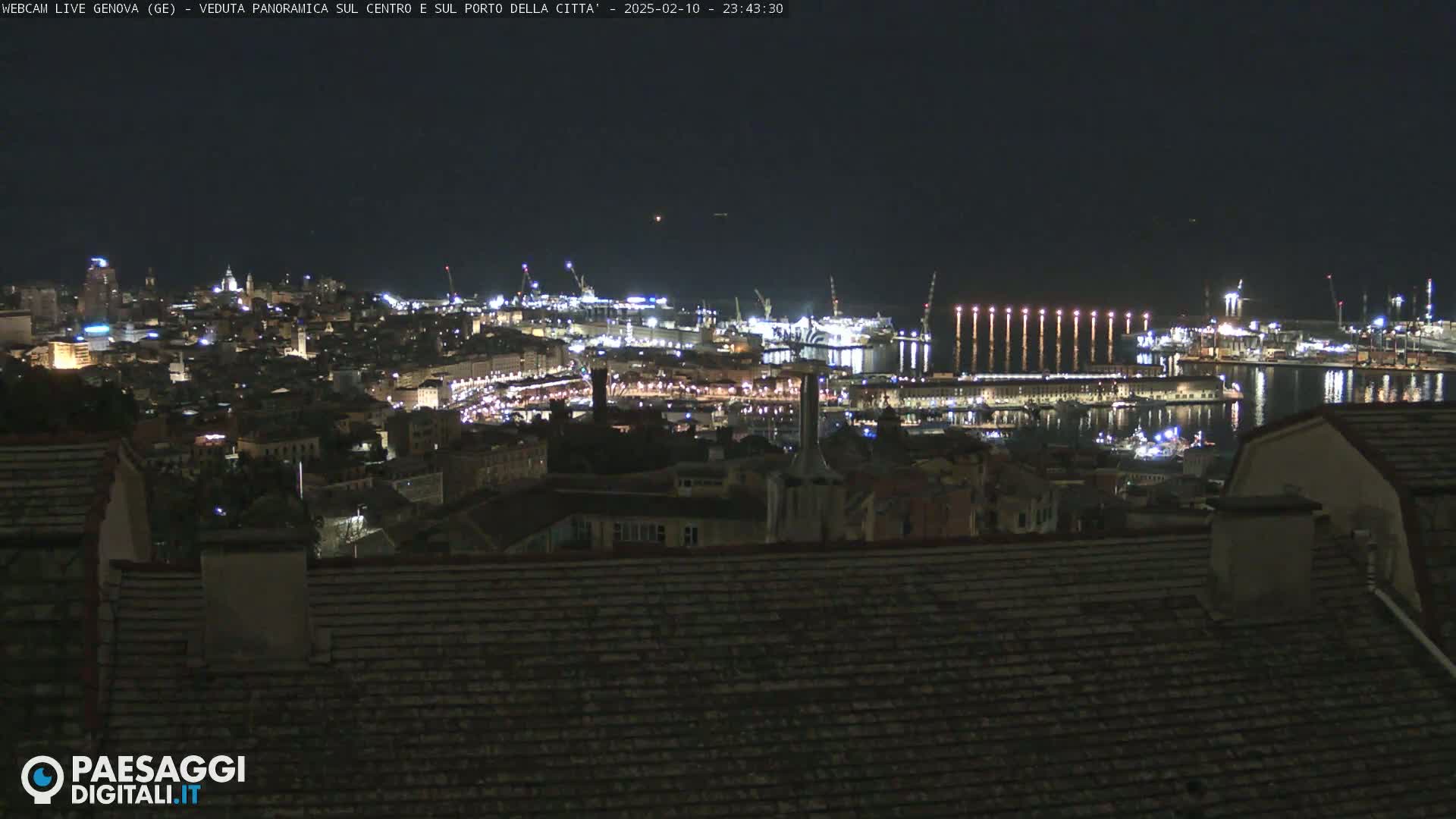 A nighttime panoramic view of a city's illuminated harbor and buildings, with a clear, dark sky.