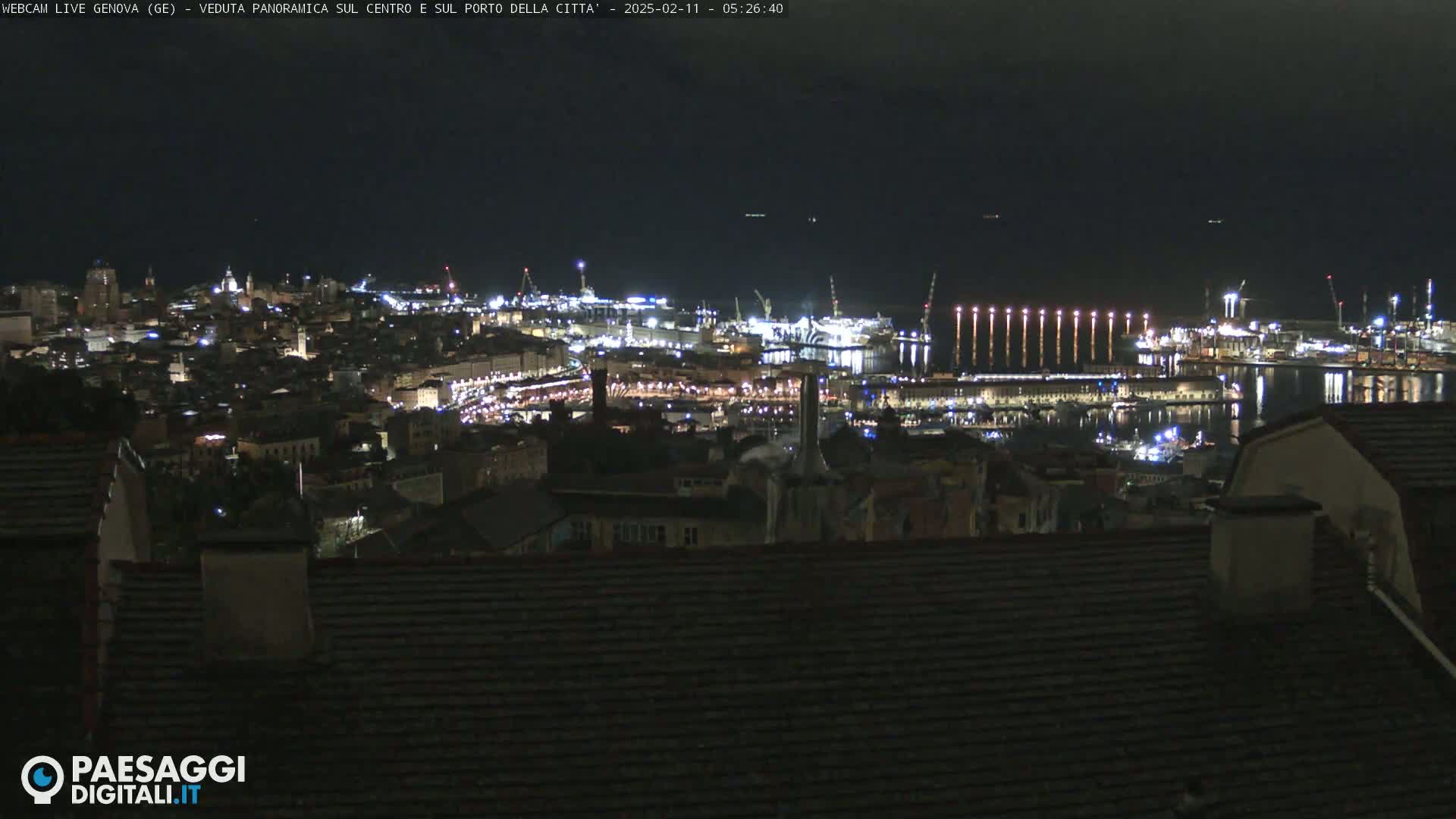 A nighttime panoramic view of a city's illuminated harbor and cityscape.