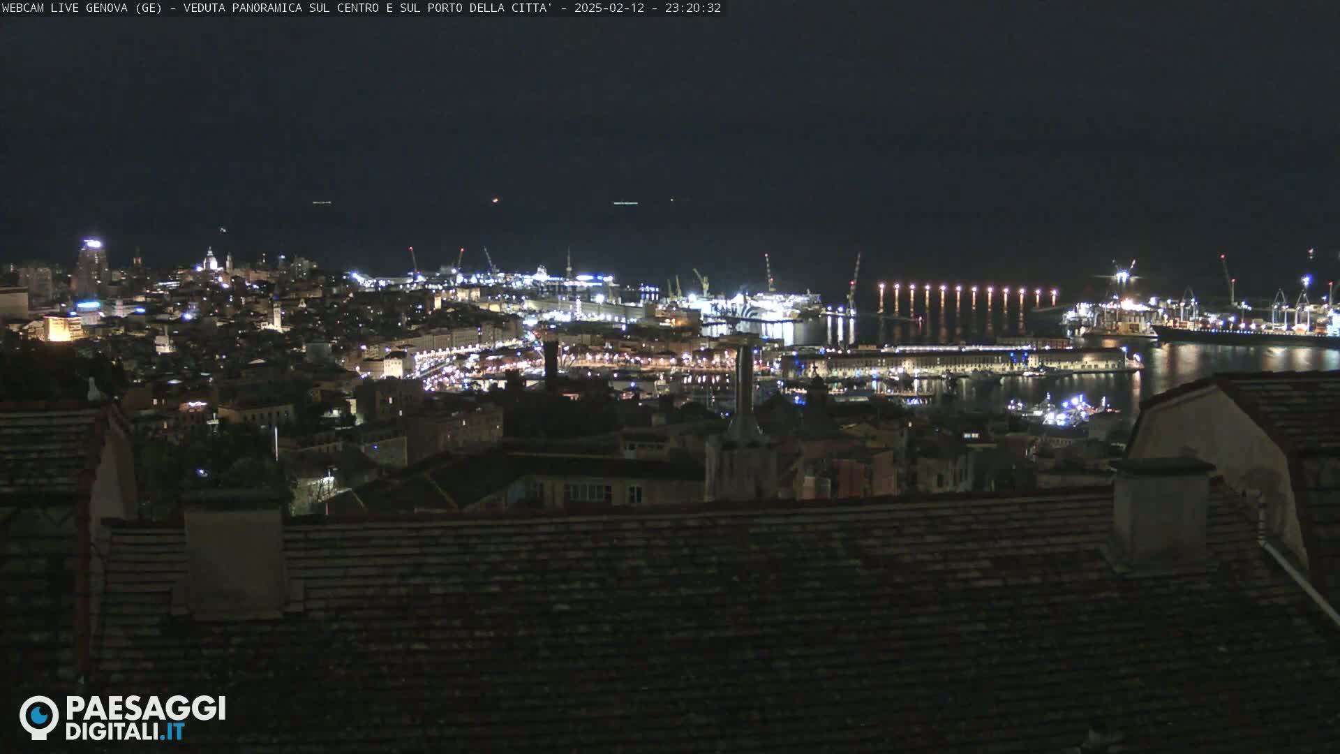 A nighttime panoramic view of a city's harbor and illuminated cityscape.