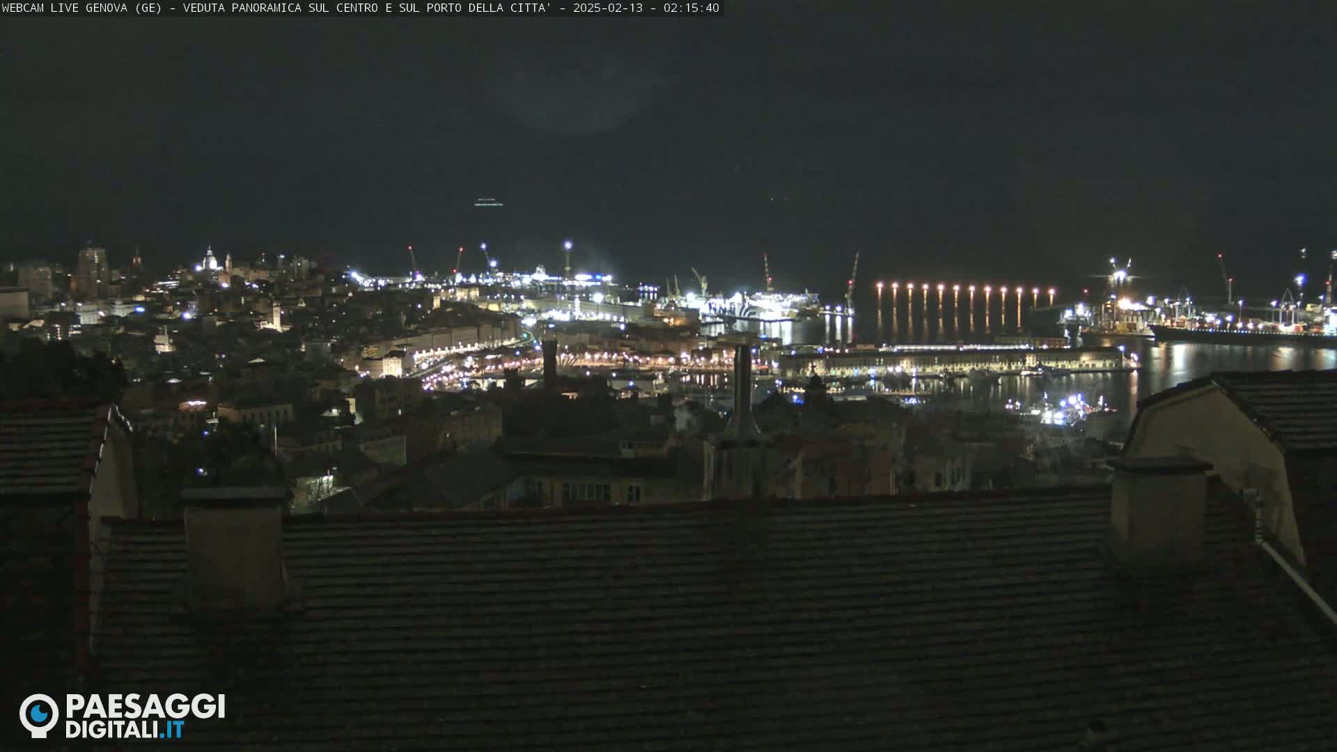 A nighttime panoramic view of a city's harbor and illuminated buildings, seen from a rooftop vantage point.