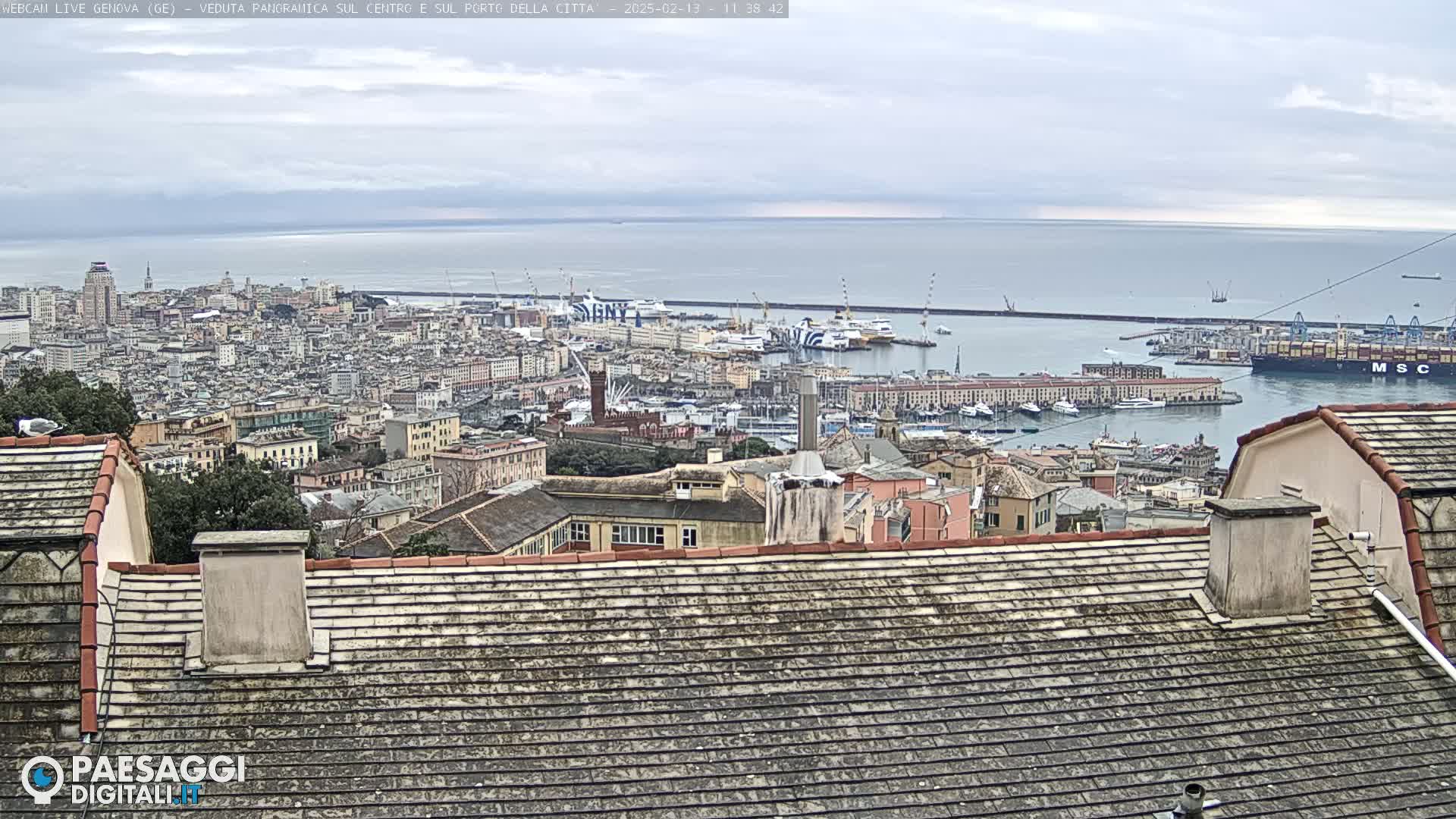 A panoramic view of a city and harbor on an overcast day, showing numerous buildings, ships, and a body of water extending to the horizon.