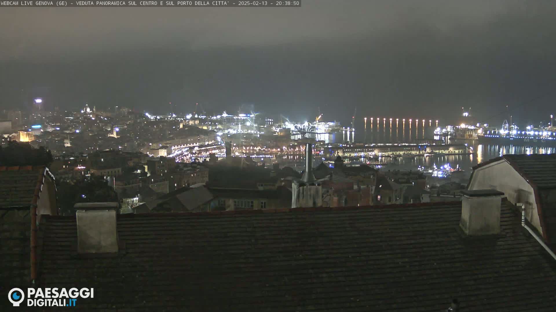 A nighttime panoramic view of a city and harbor, illuminated with lights under a dark, cloudy sky.