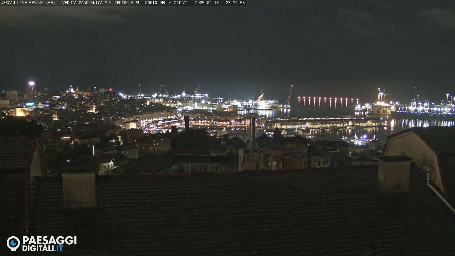 A nighttime panoramic view of a city and harbor, illuminated with numerous lights, under a dark sky.