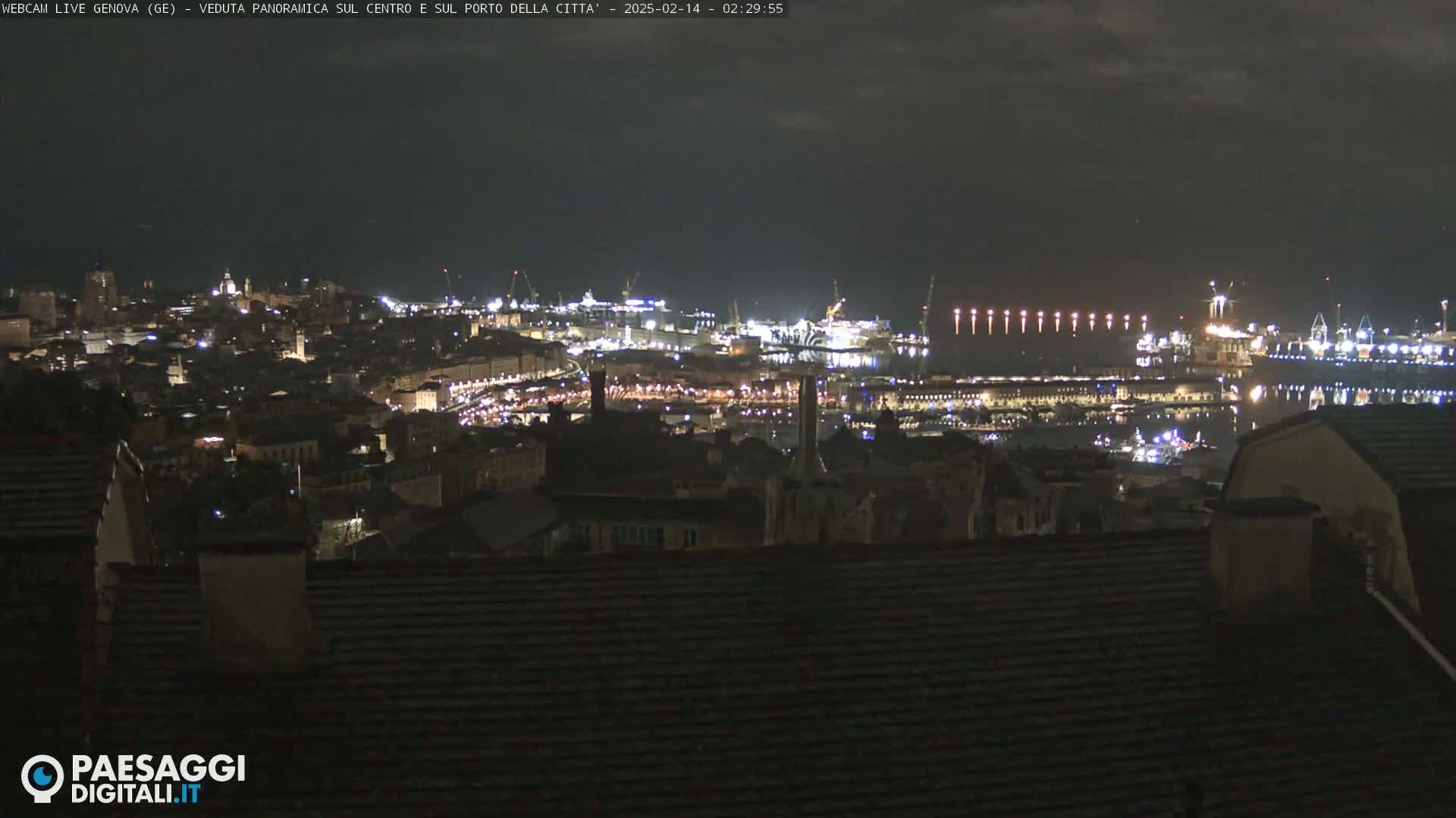 A nighttime panoramic view of a city's illuminated harbor and buildings under a dark sky.
